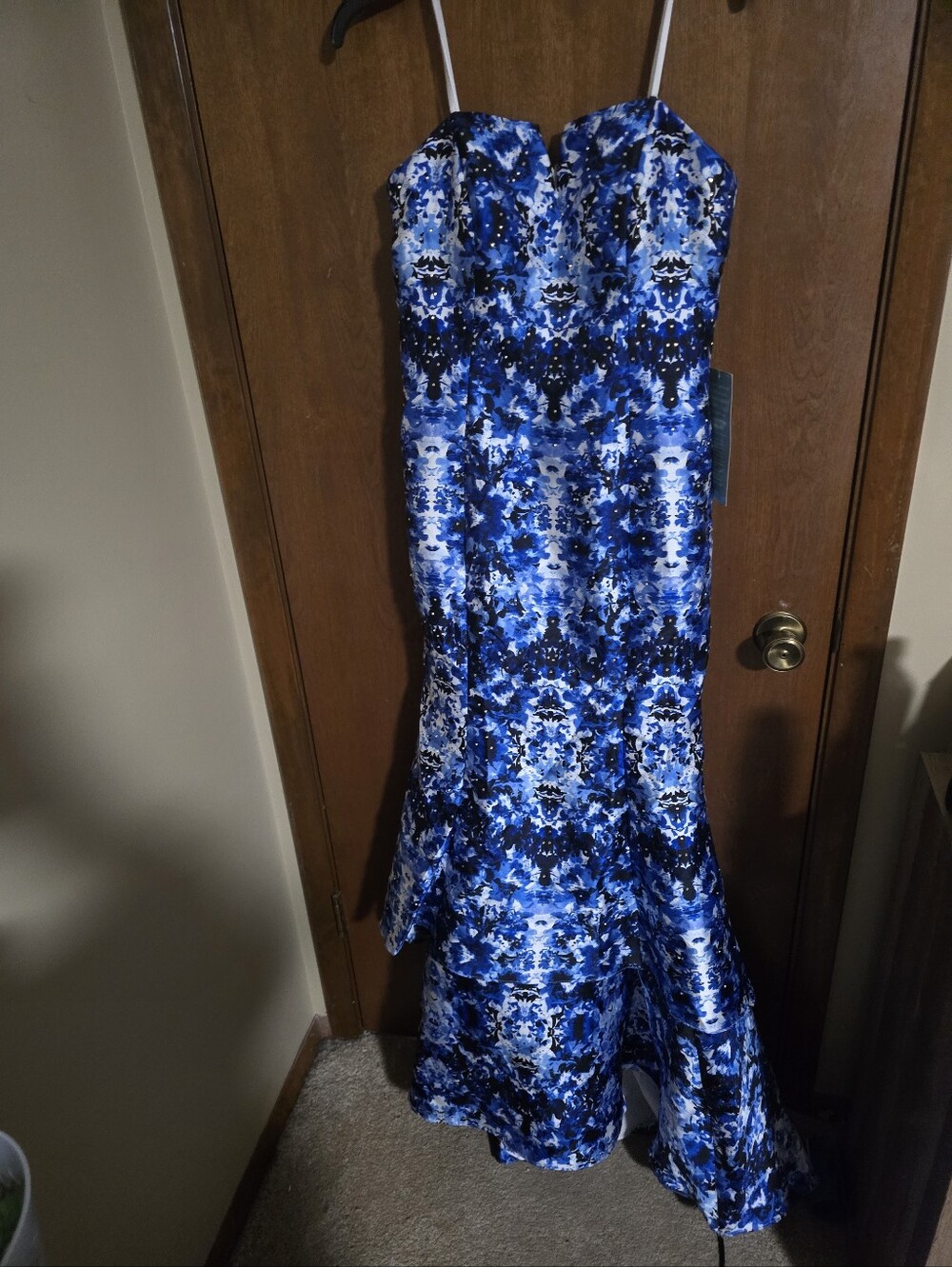 Xscape Blue & White Strapless Mermaid Gown